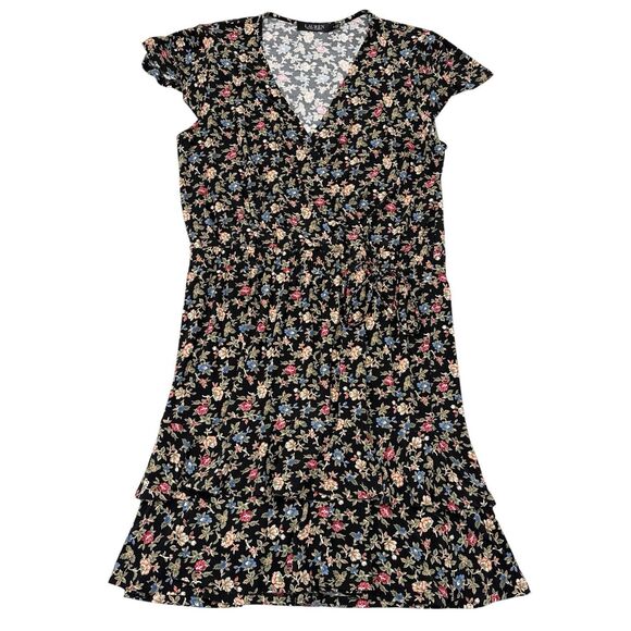 Lauren Ralph Lauren Dress Size 12 Black Floral Tiered Faux Wrap Cocktail Flutter - Picture 1 of 9